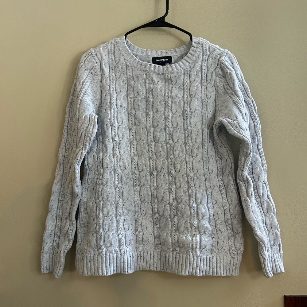 Lands' End Drifter Crewneck Cable Knit Sweater - Light Gray with blue speckles
